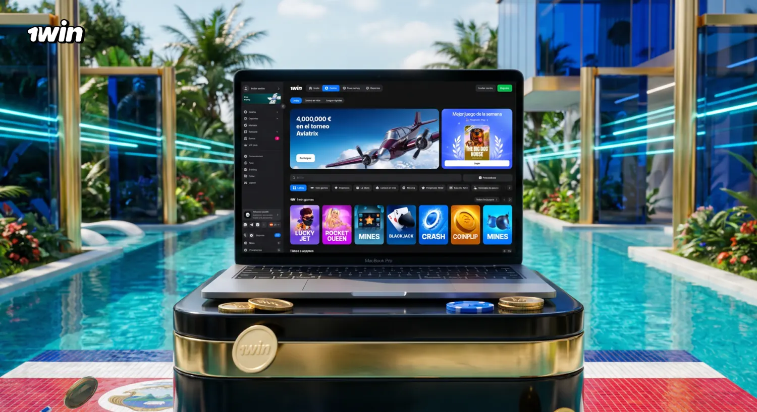 Lobby del casino de 1win en una laptop, con el torneo Aviatrix y su premio anunciado en pantalla